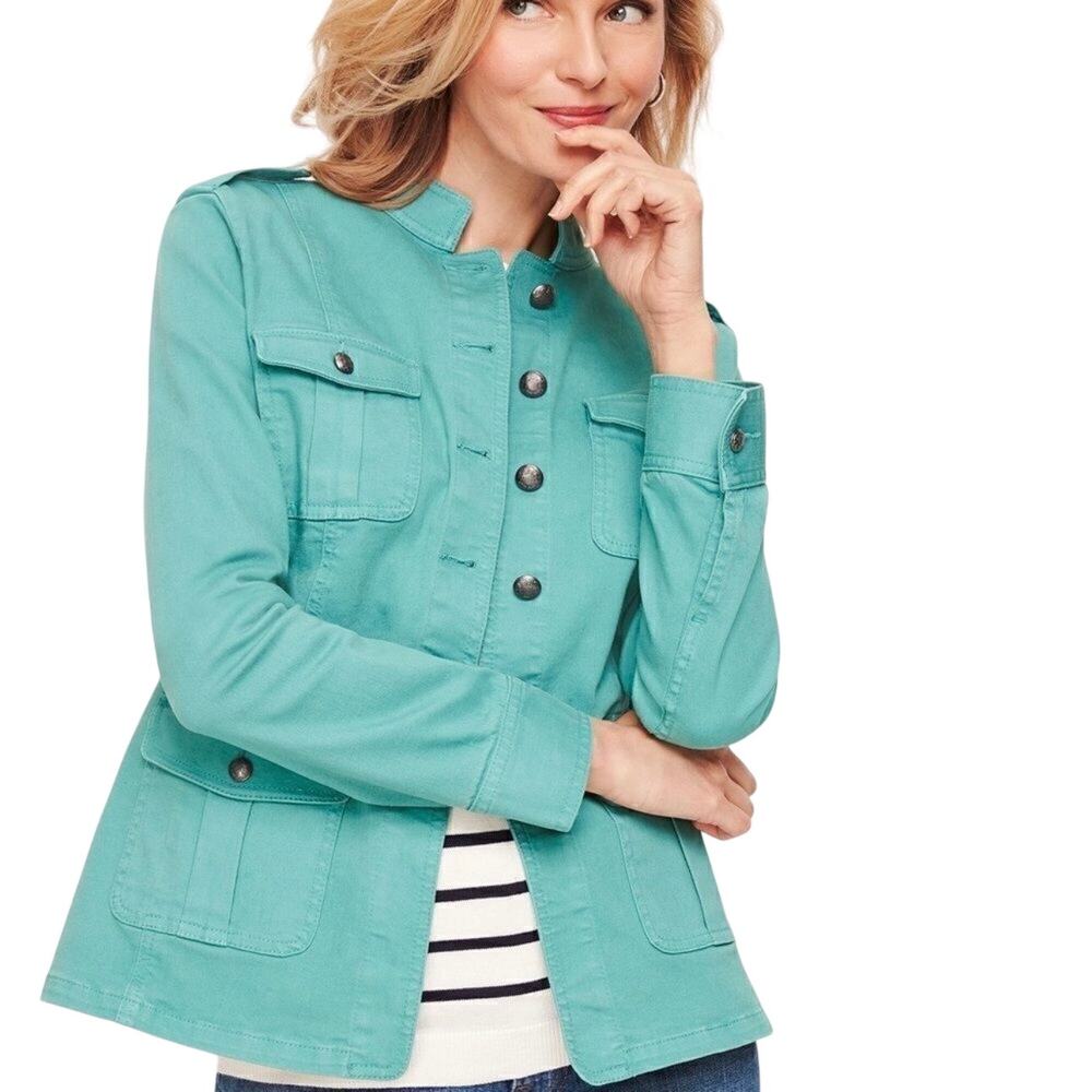 Talbots‎ Jean Jacket Military Style Size L Green Pockets Button Up Stretch Denim